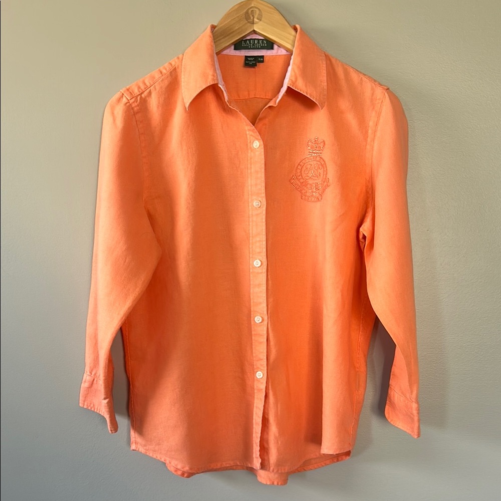 Lauren Ralph Lauren Linen‎ Large Logo Button Down Shirt Coral Size Petite Medium